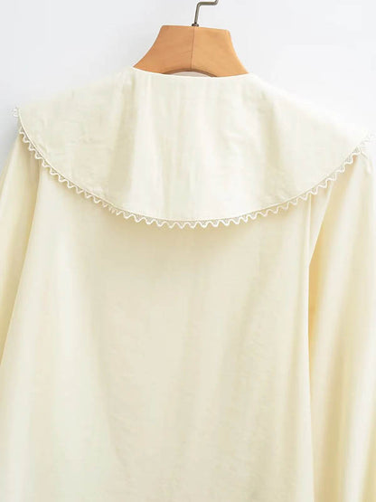 Loose Puff Sleeves Pleated See-Through Solid Color Split-Joint Peter Pan Collar Blouses&Shirts Tops