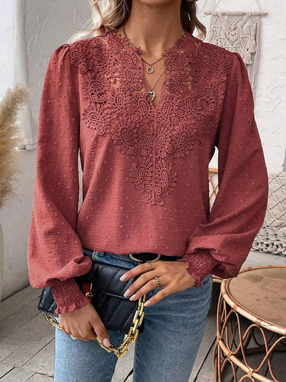 Loose Puff Sleeves Elasticity Hollow Jacquard Solid Color Split-Joint V-Neck Blouses&Shirts Tops