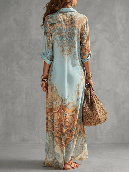 Long Sleeves Loose Buttoned Contrast Color Printed Lapel Maxi Dresses Shirt Dress