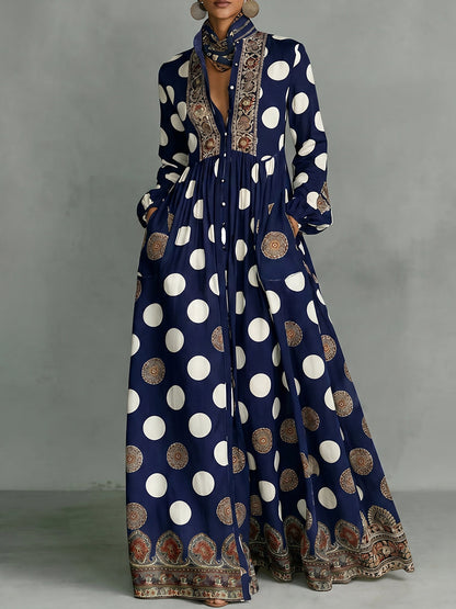 Polka-Dot Pockets Pleated Contrast Color Buttoned Big Hemline Puff Sleeves Loose Stand Collar Maxi Dresses