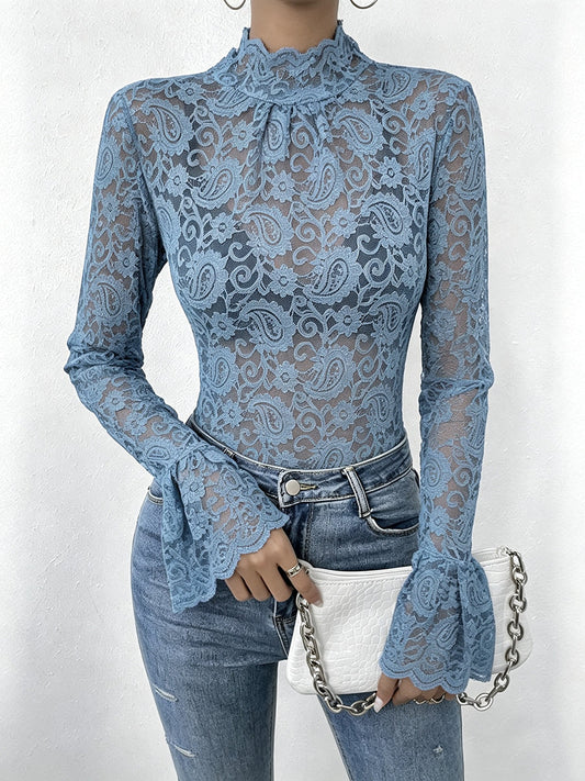 Solid Color See-Through Pleated Skinny Long Sleeves Mock Neck T-Shirts Tops
