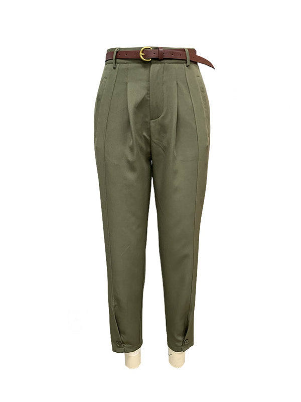 High Waisted Loose Buttoned No Belt Pleated Pockets Suit Pants