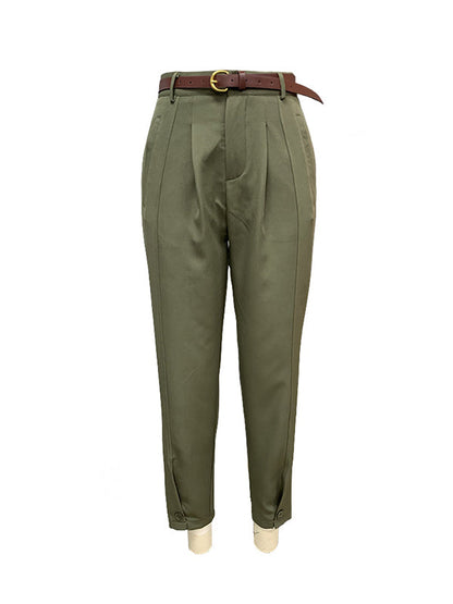 High Waisted Loose Buttoned No Belt Pleated Pockets Suit Pants