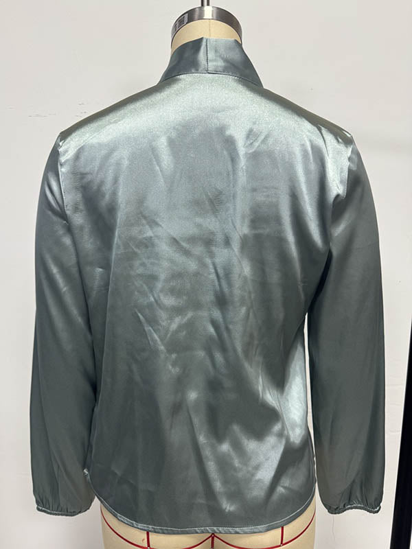 Long Sleeves Loose Bow-Embellished Pleated Solid Color Split-Joint Scarf Collar Blouses&Shirts Tops