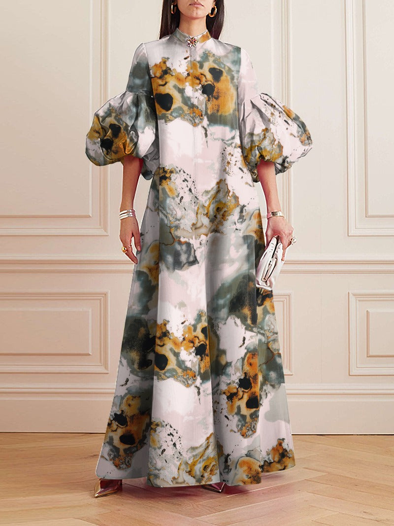 Loose Flower Shape Solid Color Stand Collar Lantern Sleeves Maxi Dresses