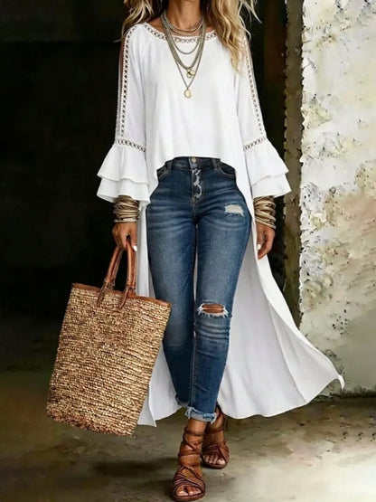 Solid Color Hollow Ruffle Sleeves Long Sleeves Round-neck Blouses&shirts Tops