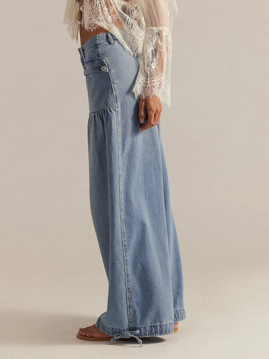 High Waisted Wide Leg Buttoned Drawstring Elasticity Pleated Pockets Solid Color Jean Pants Bottoms