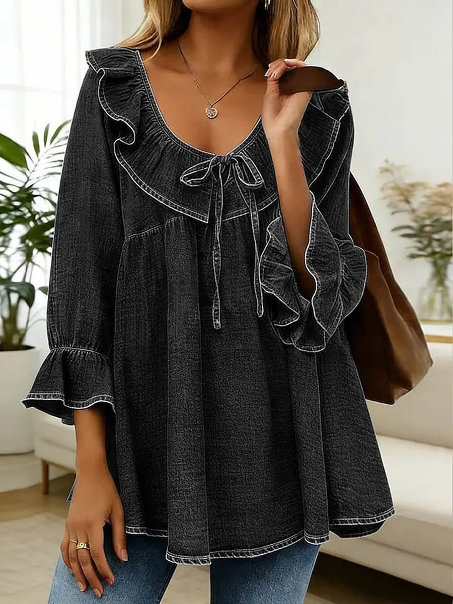 Flared Sleeves Loose Ruffled Solid Color Split-Joint Tied V-Neck Blouses&Shirts Tops