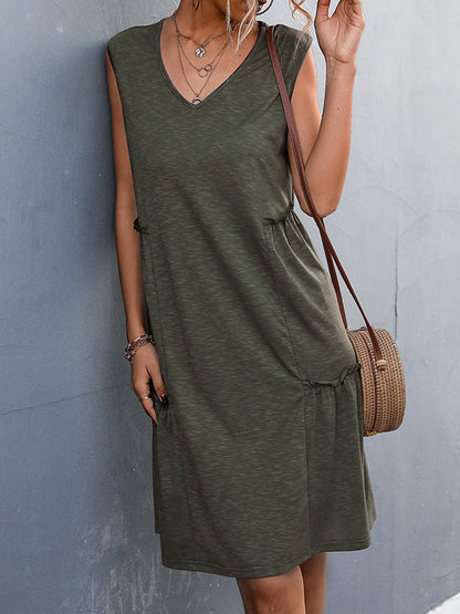 A-line Loose Pleated Solid Color Split-Joint V-neck Midi Dresses