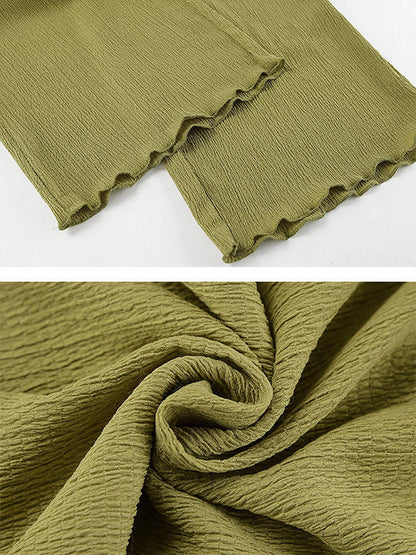 Solid Color Pleated Sleeveless Asymmetric High Neck Vest + Wide Leg Pants Two Pieces Set