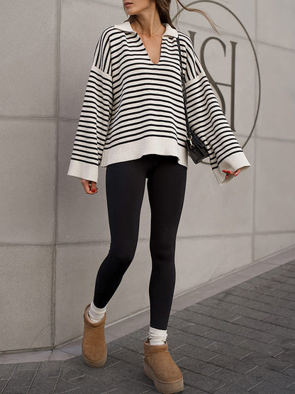 Long Sleeves Loose Split-Joint Striped Lapel Sweater Tops