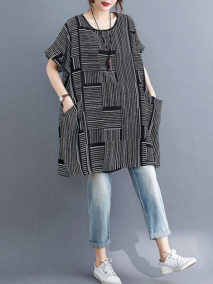 Loose Short Sleeves Striped Round-Neck T-Shirts