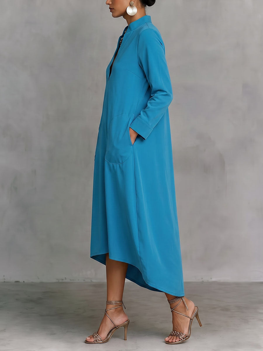 Solid Color Pockets Loose Long Sleeves V-neck Midi Dresse