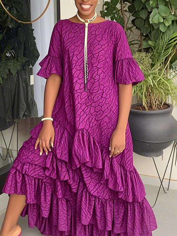 Robes longues à manches évasées, manches mi-longues, asymétriques, plissées, imprimées, à volants, col rond 