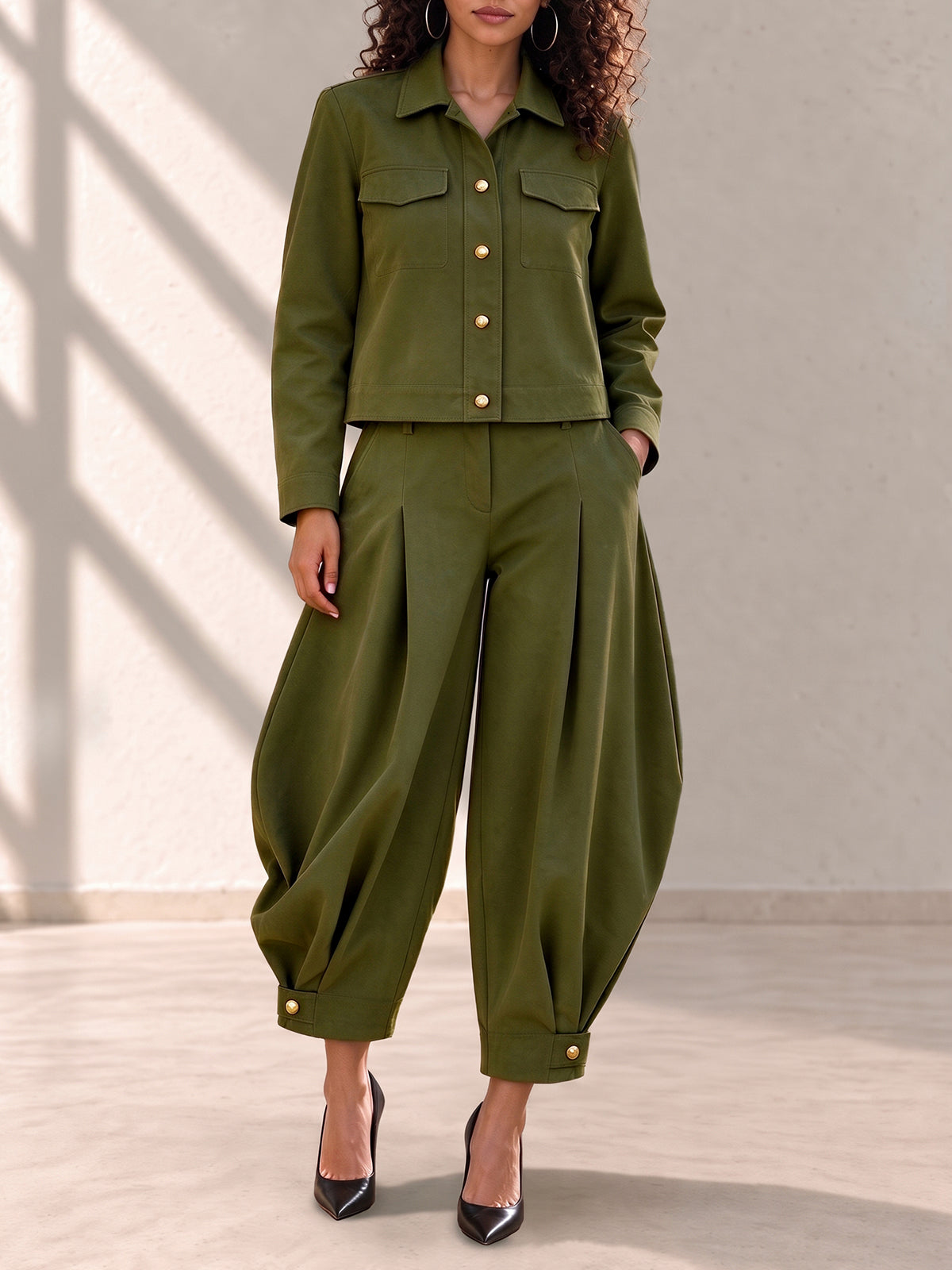 Solid Color Pockets Pleated Buttoned High Waisted Harem Pants Pants Cropped Trousers