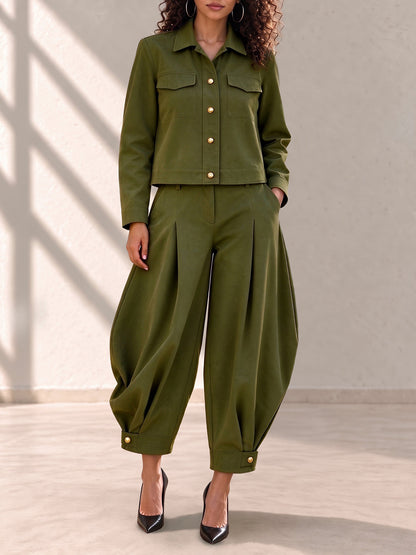 Solid Color Pockets Pleated Buttoned High Waisted Harem Pants Pants Cropped Trousers