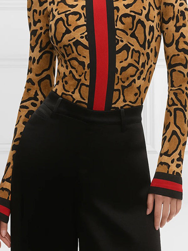 Leopard Contrast Color Skinny Long Sleeves High Neck T-Shirts Tops