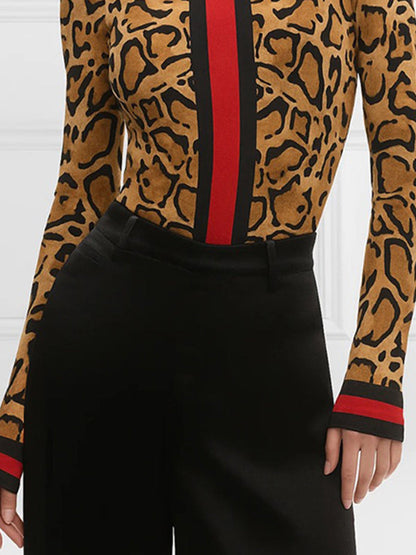 Leopard Contrast Color Skinny Long Sleeves High Neck T-Shirts Tops