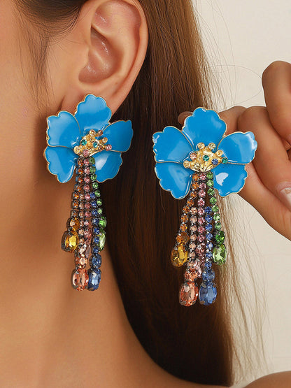 Flower Shape Rhine Stones Tasseled Earrings Accessories
