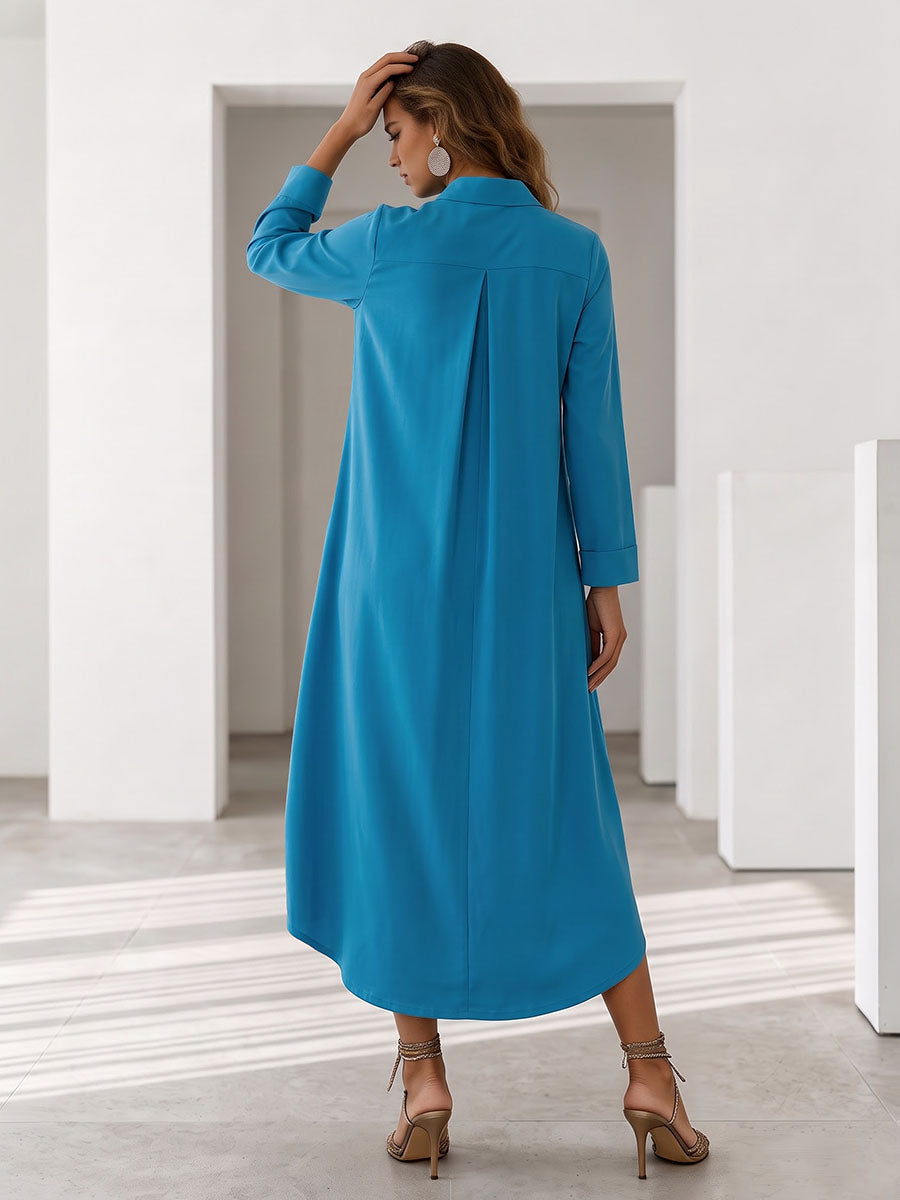 Solid Color Pockets Loose Long Sleeves V-neck Midi Dresse
