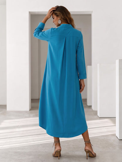 Solid Color Pockets Loose Long Sleeves V-neck Midi Dresse