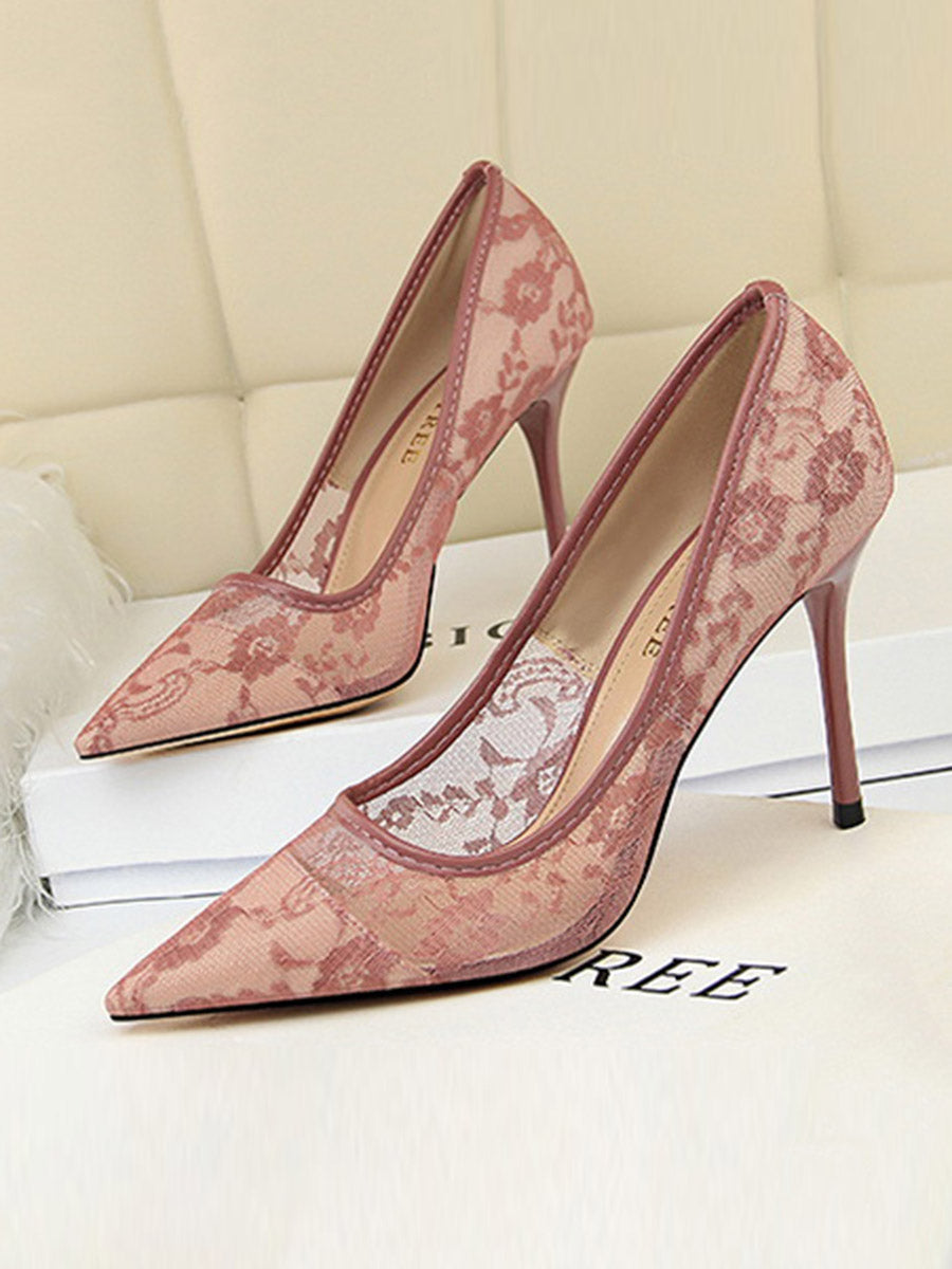 Flower Print Hollow Pointed-Toe Split-Joint Pumps