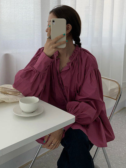 Urban Loose Puffärmel Agaric Laces Falbala Einfarbige Blusen 