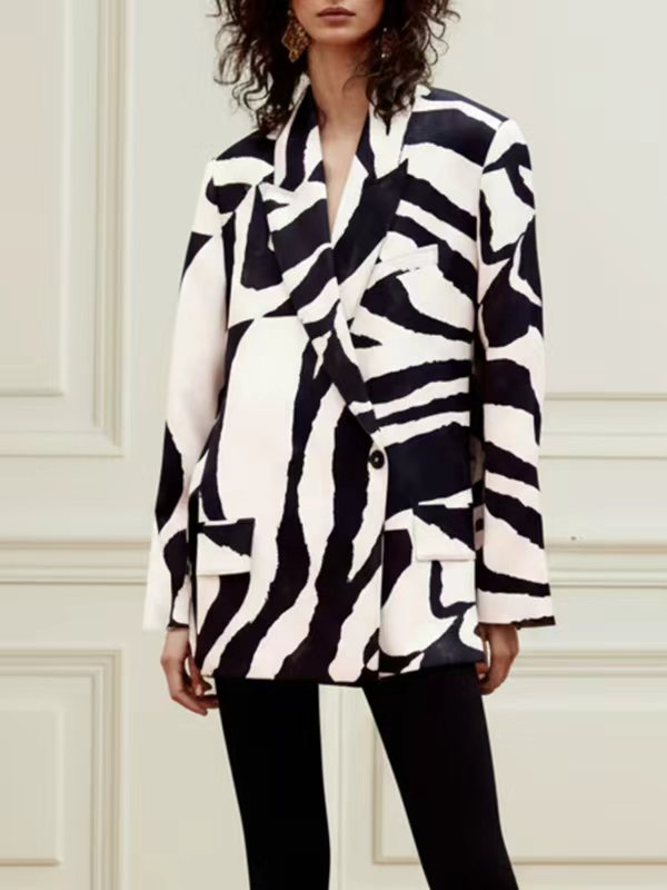 Long Sleeves Loose Buttoned Contrast Color Zebra-Stripe Lapel Collar Blazer Outerwear