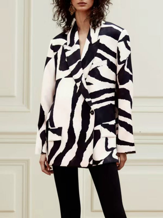 Long Sleeves Loose Buttoned Contrast Color Zebra-Stripe Lapel Collar Blazer Outerwear