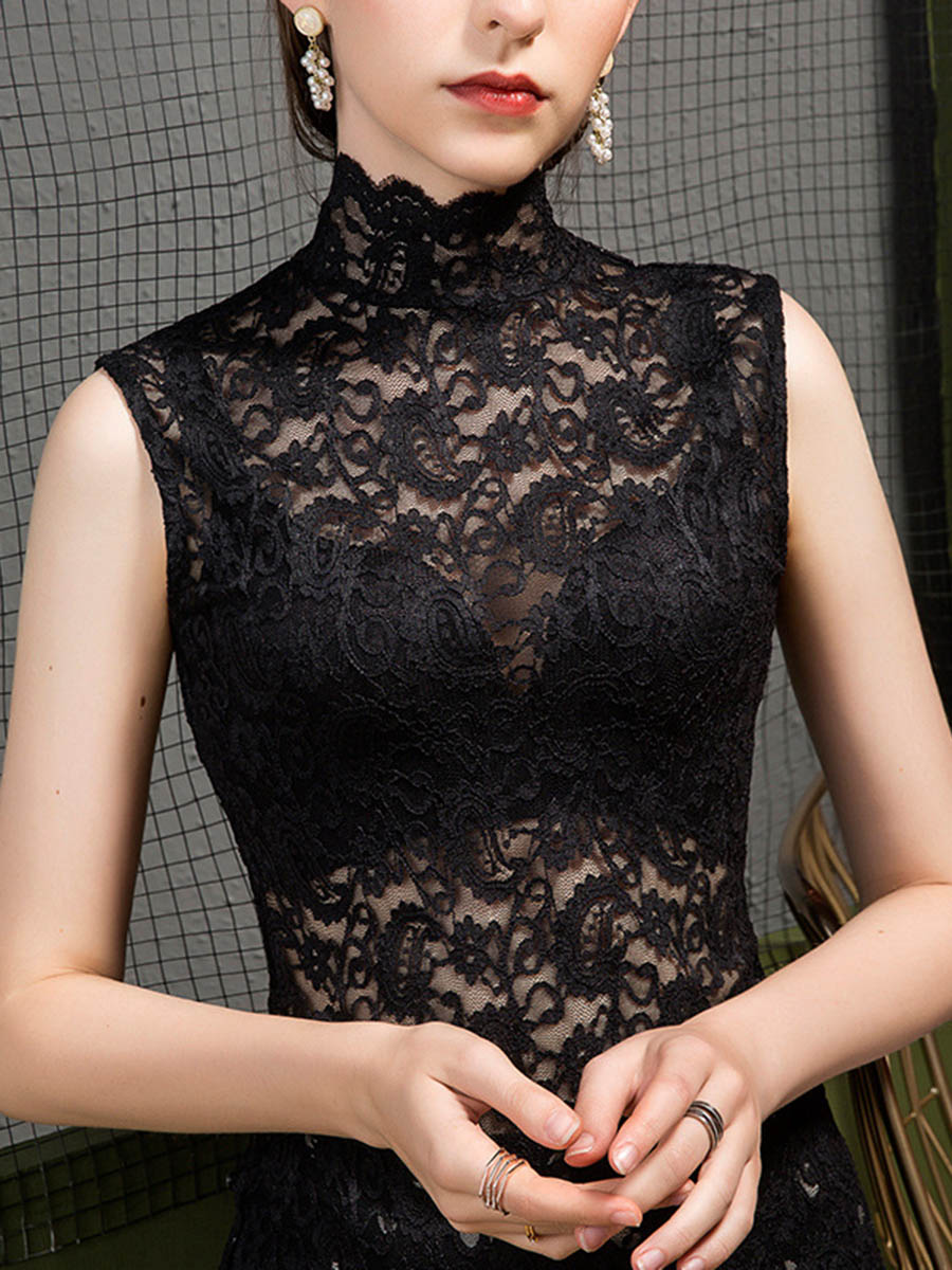 Solid Color See-Through Jacquard Sleeveless Skinny High-neck T-Shirts Tops
