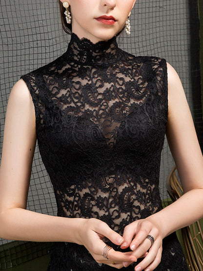 Solid Color See-Through Jacquard Sleeveless Skinny High-neck T-Shirts Tops