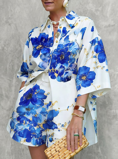 Loose Wide Leg Flower Print Pockets Shorts Bottoms