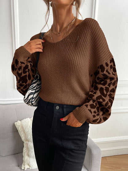 Loose Puff Sleeves Leopard Split-Joint V-Neck Sweater Tops