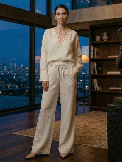 High Waisted Elasticity Pockets Solid Color Tied Waist Pants Trousers