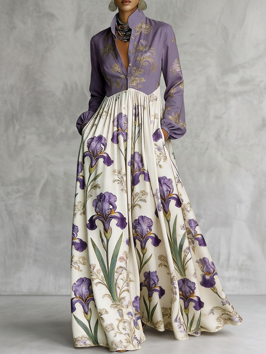 Split-Joint Ruched Pockets Flower Print Contrast Color Buttoned Loose Long Sleeves Stand Collar Maxi Dresses