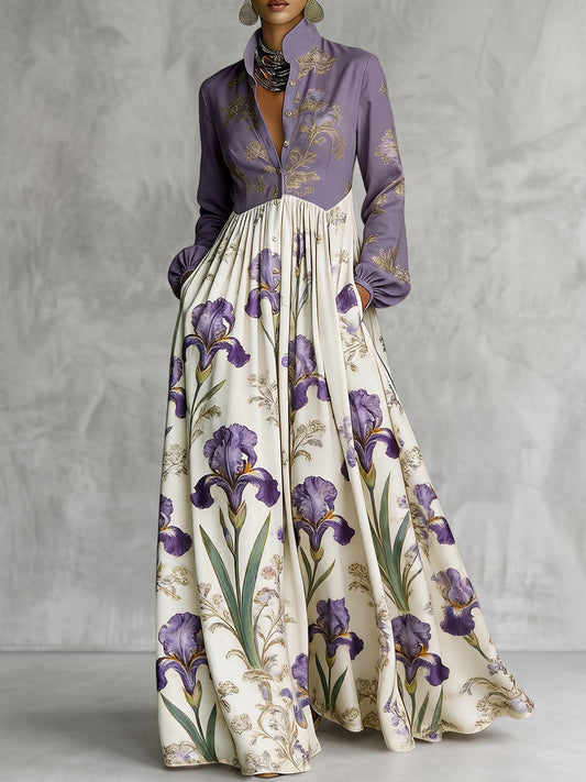 Split-Joint Ruched Pockets Flower Print Contrast Color Buttoned Loose Long Sleeves Stand Collar Maxi Dresses