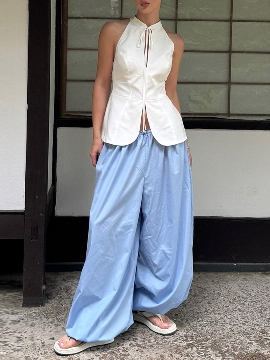 Elasticated Waist High Waisted Drawstring Pleated Solid Color Ankle-Tied Pants