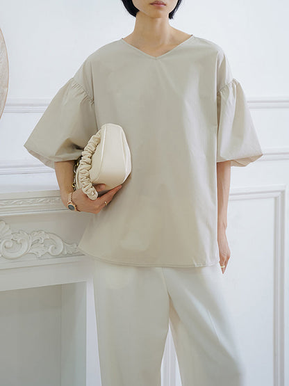 Halbarm Lose Einfarbig V-Ausschnitt Blusen &amp; Hemden Tops 