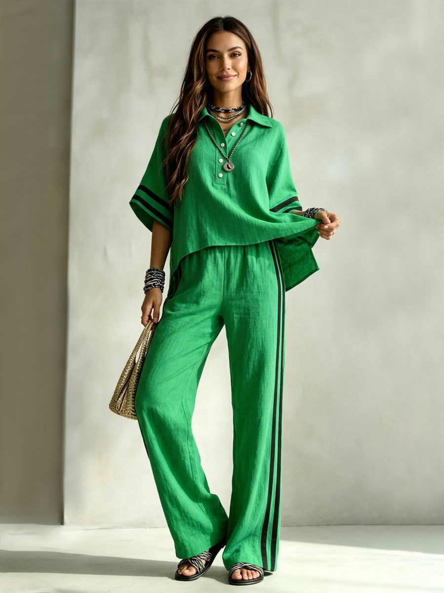 Striped Split-side Contrast Color Buttoned Loose High-low Lapel Blouses&shirts Tops