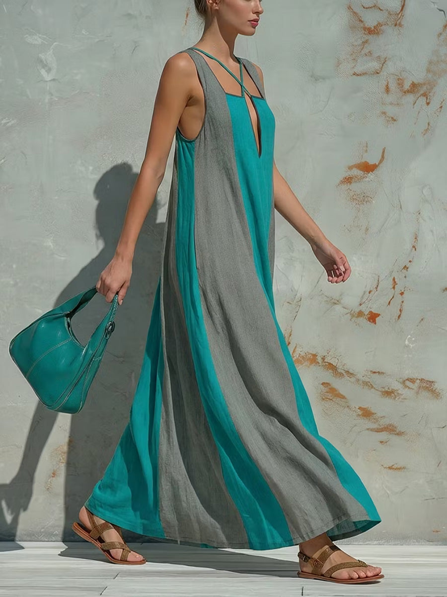 Cross-Strap Loose Backless Contrast Color Pockets Split-Joint Square-Neck Maxi Dresses