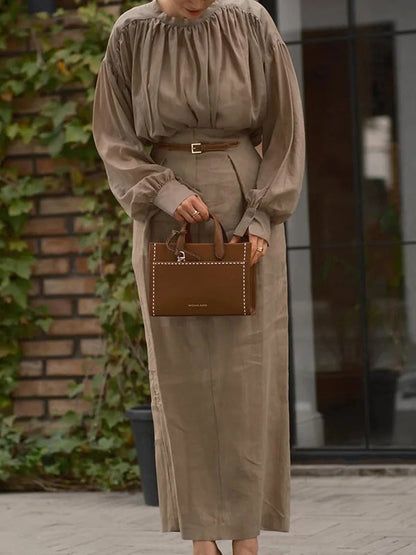 Long Sleeves Pleated Solid Color Split-Joint Round-Neck Blouses&Shirts Tops