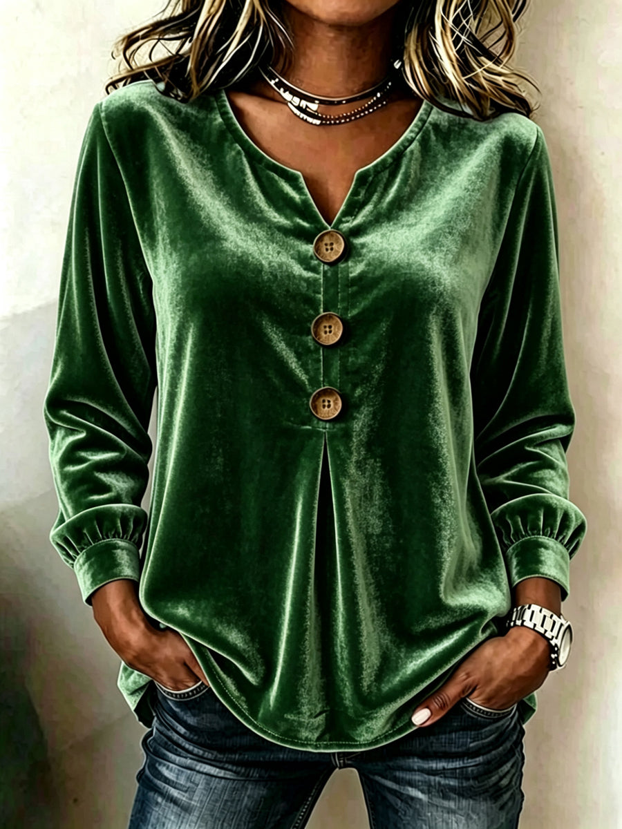 Velvet Solid Color Pleated Buttoned Loose Long Sleeves V-neck T-Shirts Tops
