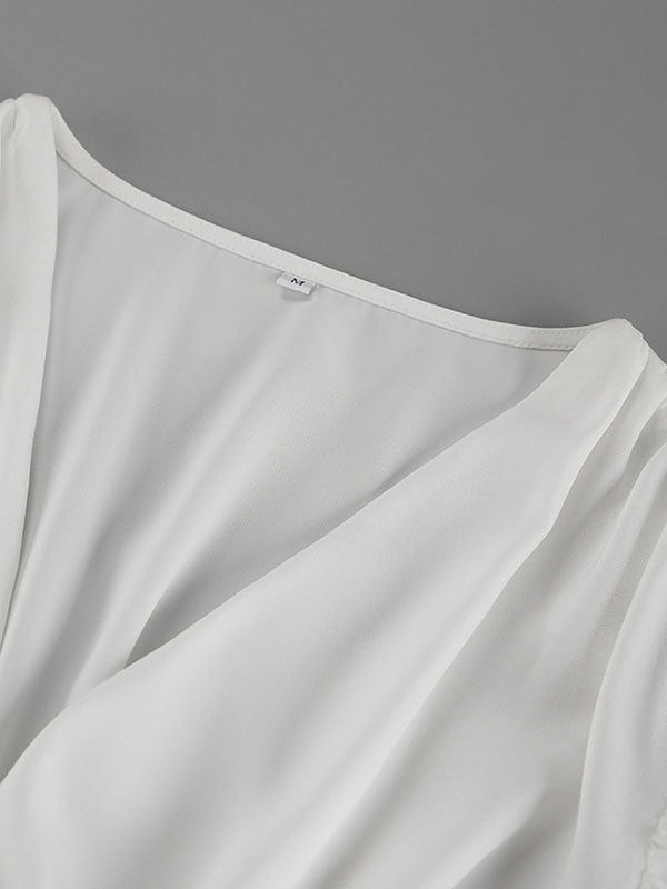 Loose Puff Sleeves Elasticity Pleated Solid Color Split-Joint V-Neck Blouses&Shirts Tops