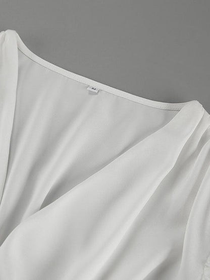 Loose Puff Sleeves Elasticity Pleated Solid Color Split-Joint V-Neck Blouses&Shirts Tops