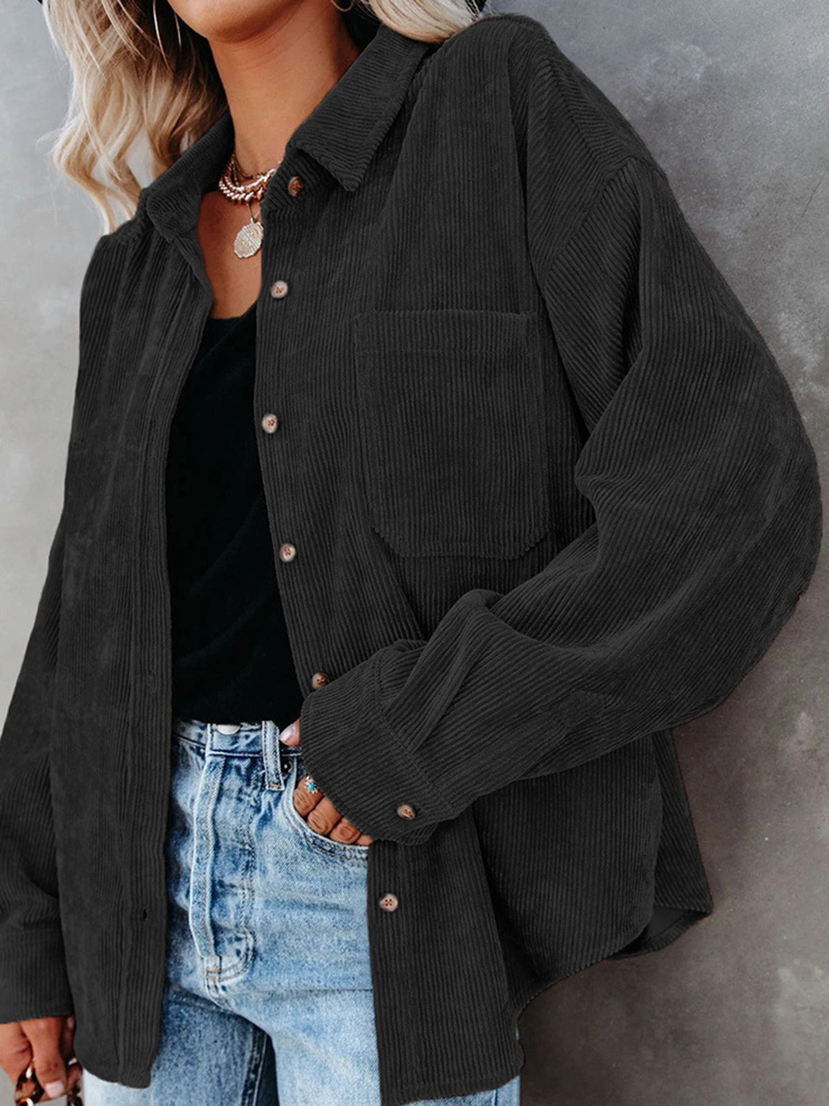 Split-Joint Solid Color Pockets Buttoned Long Sleeves Lapel Blouses&shirts Tops