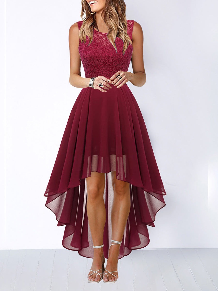 A-Line High Waisted Pleated See-Through Split-Joint Tied Waist Round-Neck Maxi Dresses