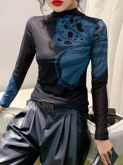 Long Sleeves Skinny Butterfly Print Split-Joint Mock Neck T-Shirts Tops