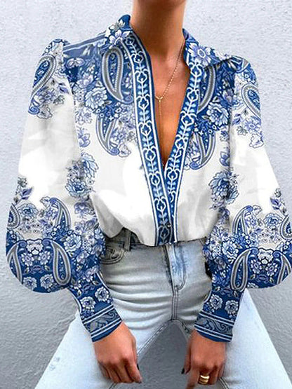 Long Sleeves Loose Buttoned Flower Print V-Neck Blouses&Shirts Tops BLUE