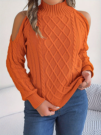 Long Sleeves Loose Hollow Solid Color Cold Shoulder Pullovers Sweater Tops