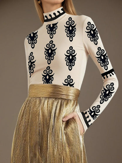 Long Sleeves Skinny Printed Split-Joint Round-Neck T-Shirts Tops